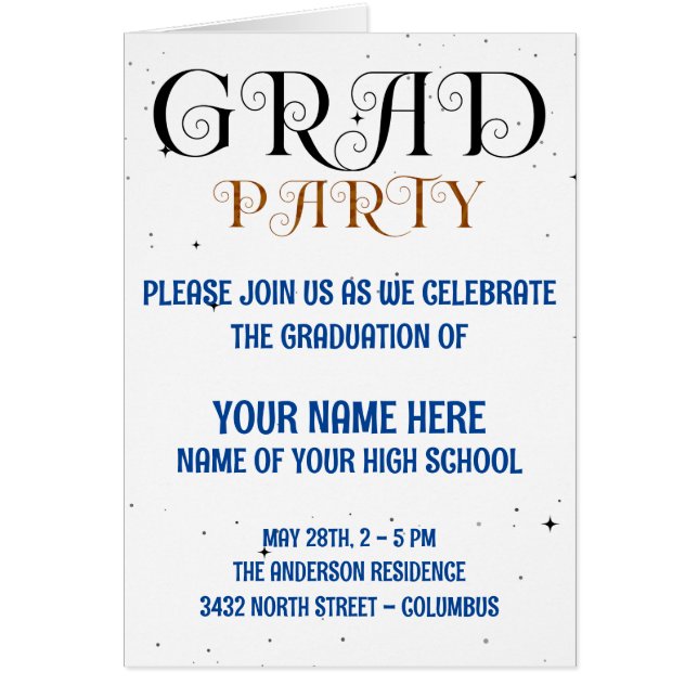 Minimalist Grad Party Blue Black & White Script Hälsningskort (Framsidan)