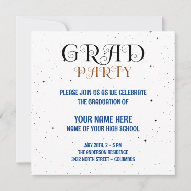 Minimalist Grad Party Blue Black & White Script Kort (Framsida)