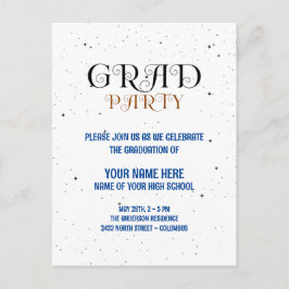 Minimalist Grad Party Blue Black & White Script Meddelande Vykort