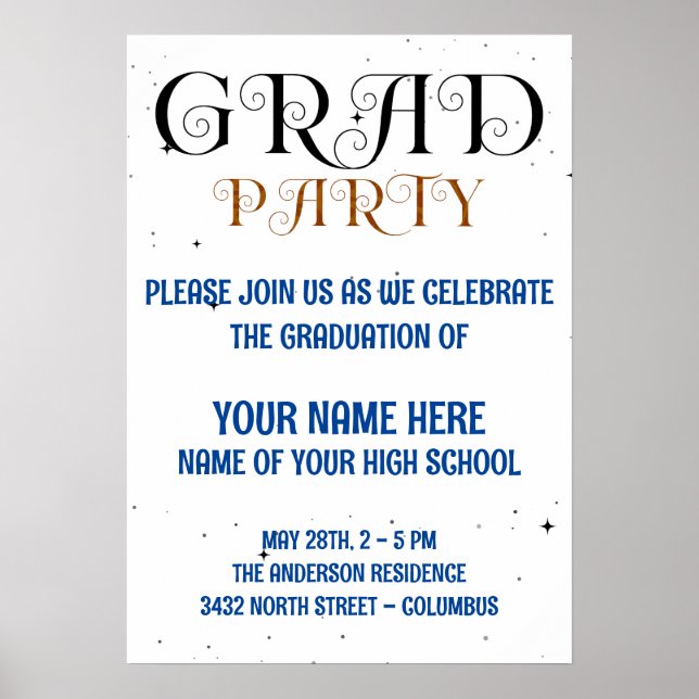 Minimalist Grad Party Blue Black & White Script Poster (Framsidan)