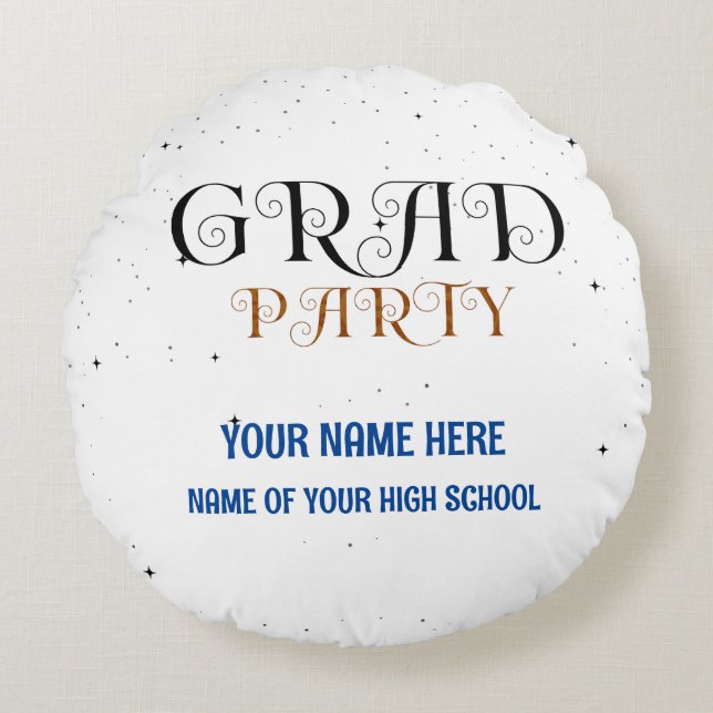 Minimalist Grad Party Blue Black & White Script Rund Kudde (Framsidan)