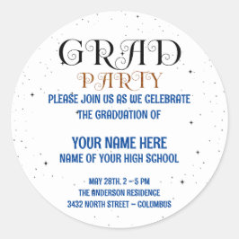 Minimalist Grad Party Blue Black & White Script Runt Klistermärke