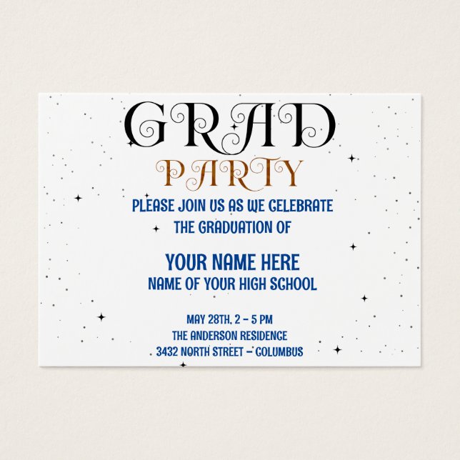 Minimalist Grad Party Blue Black & White Script Visitkort (Framsidan)
