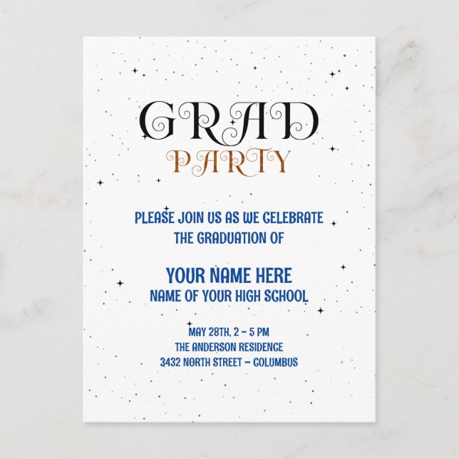 Minimalist Grad Party Blue Black & White Script Vykort (Framsida)