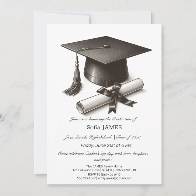 Minimalist Graduation Party Invitation with Black  Inbjudningar (Framsida)