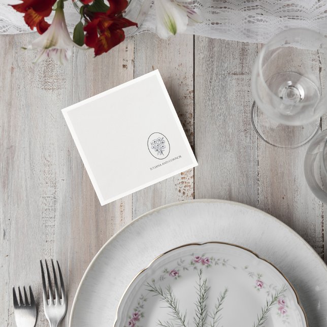 Minimalist Gray Floral Wedding Cocktail Napkin Pappersservett (Skapare uppladdad)
