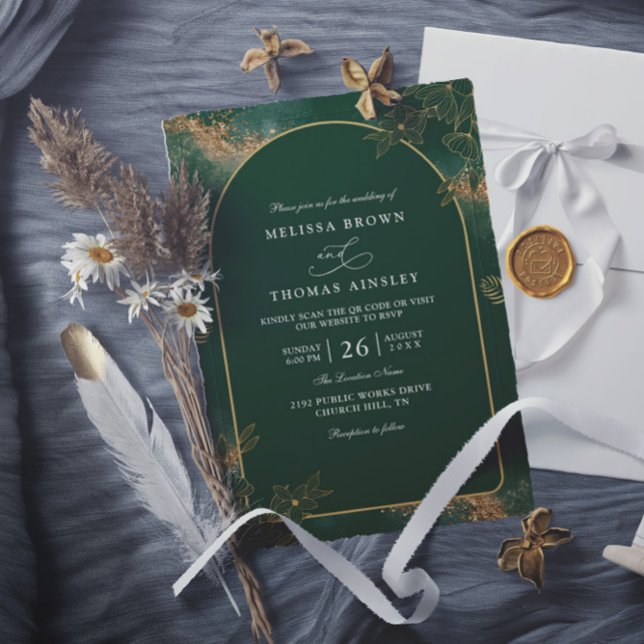 Minimalist Green and Gold Modern QR Code Wedding Inbjudningar (Skapare uppladdad)