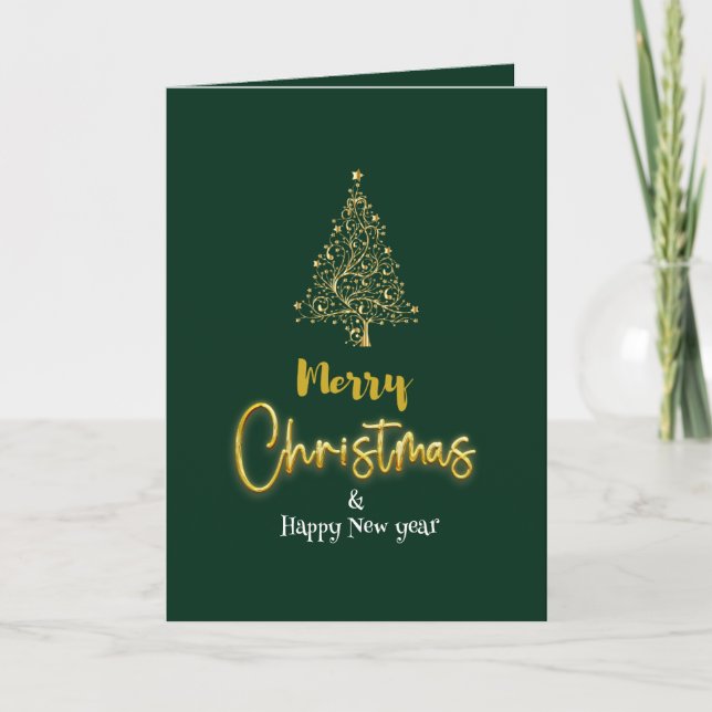 Minimalist Green & Gold Christmas Tree Folded Helgkort (Framsida)