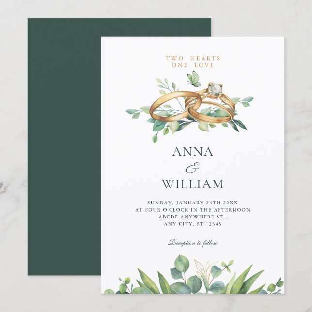 Minimalist green leaves wedding ring  inbjudningar (Fram/baksida)
