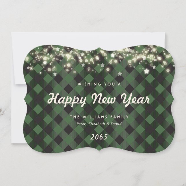 Minimalist Green Plaid New Year Card Julkort (Framsida)