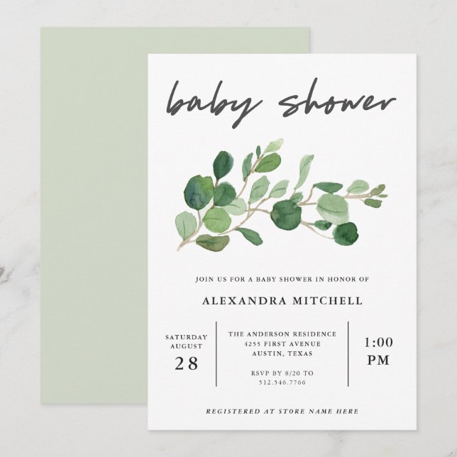 Minimalist Greenery | Babyskor Inbjudningar (Fram/baksida)