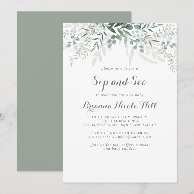 Minimalist Greenery Eucalyptus Sip and See Inbjudningar (Fram/baksida)