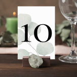 Minimalist Greenery Wedding Table Number Card Bordsnummer<br><div class="desc">Help guests easily find their tables while enhancing your reception decor with these elegant minimalist greenery wedding table number cards. Featuring soft botanical eucalyptus-style leaves and bold modern typography, this design blends natural beauty with clean contemporary style. The large table number stands prominently over a subtle botanical background, creating a...</div>