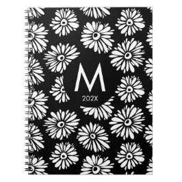 Minimalist Groovy Black and White Daisy Monogram Anteckningsbok
