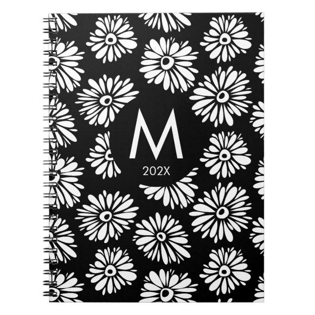 Minimalist Groovy Black and White Daisy Monogram Anteckningsbok (Framsidan)