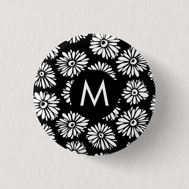 Minimalist Groovy Black and White Daisy Monogram Knapp (Framsida)