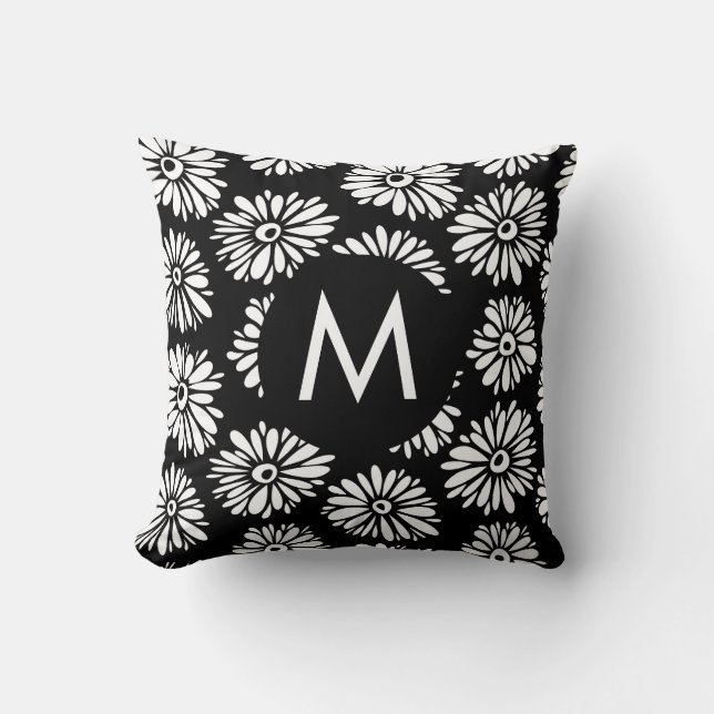 Minimalist Groovy Black and White Daisy Monogram Kudde (Framsida)
