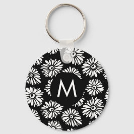 Minimalist Groovy Black and White Daisy Monogram Nyckelring