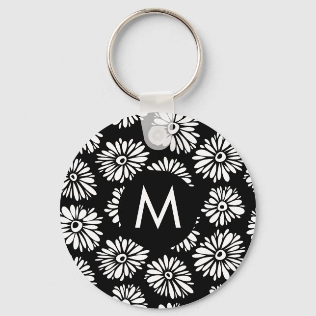 Minimalist Groovy Black and White Daisy Monogram Nyckelring (Framsida)
