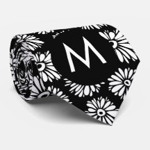 Minimalist Groovy Black and White Daisy Monogram