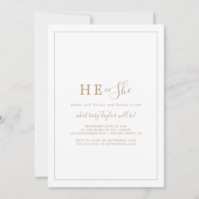 Minimalist Guld, han eller hon Gender Reveal Party Inbjudningar (Framsida)