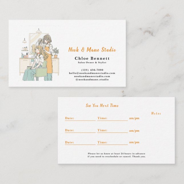 Minimalist Hair Stylist Illustrator Appointment＆ Visitkort (Fram/baksida)