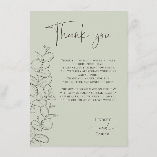 Minimalist handdrawn leaves green script wedding tack kort (Framsida)