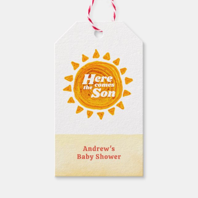 Minimalist här Kom Son Boho Baby Shower Presentetikett (Framsidan)