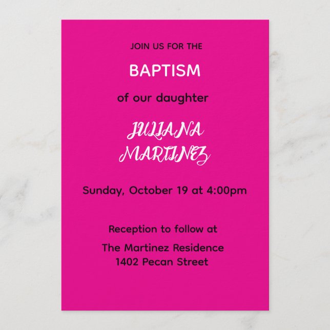Minimalist Hot Pink Baptism Invite Inbjudningar (Framsida)