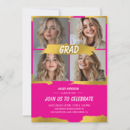 Minimalist Hot Pink Gold 4Photo Graduation Party  Inbjudningar