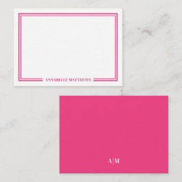 Minimalist Hot Pink Two Border Monogram Anteckningskort