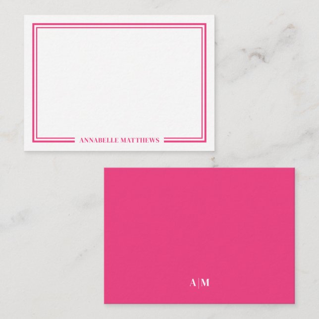 Minimalist Hot Pink Two Border Monogram Anteckningskort (Fram/baksida)