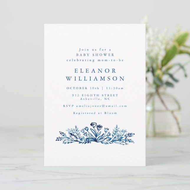 Minimalist Indigo Blue Ink Botanical Baby Shower Inbjudningar (Stående Fram)