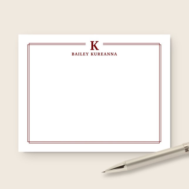 Minimalist Initial Dark Red Two Border Stationery Anteckningskort (Skapare uppladdad)