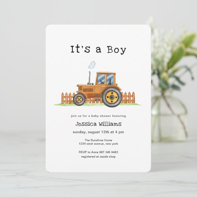 Minimalist It's A Boy Framer Tractor Baby Shower  Inbjudningar (Stående Fram)