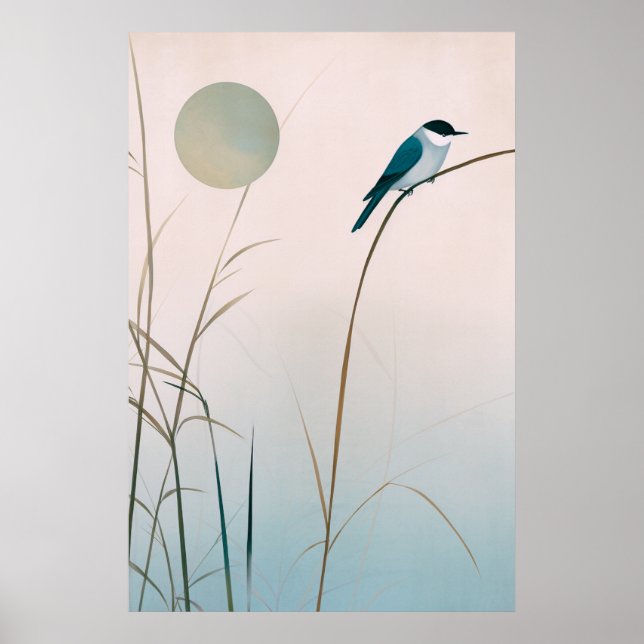 Minimalist Japandi Bird och Bamboo Artwork Poster (Framsidan)