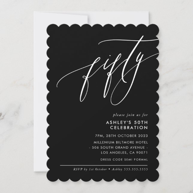 MINIMALIST Kalligrafi elegant 50:e party svart Inbjudningar (Framsida)
