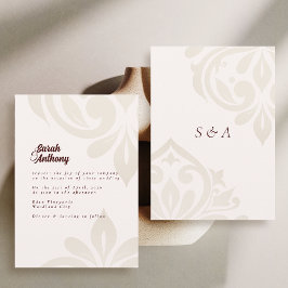 Minimalist kräm burgunder elegant damask vigsel inbjudningar