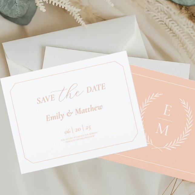 Minimalist Laurel Monogram Wedding Save The Date Meddelande Vykort (Skapare uppladdad)