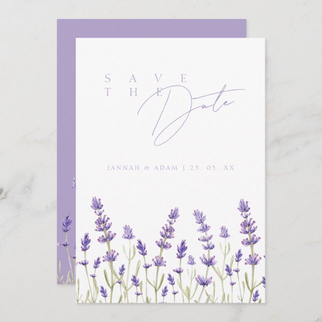 Minimalist Lavender Wildblommor Initialer Bröllop Spara Datumet (Fram/baksida)
