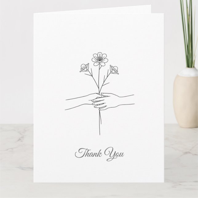 Minimalist Line Art Hands & Flowers Wedding Thank  Tack Kort (Framsida)