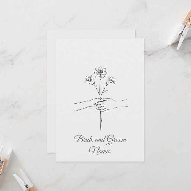Minimalist Line Art Hands holding Flowers Wedding  Inbjudningar (Fram/Back In Situ)