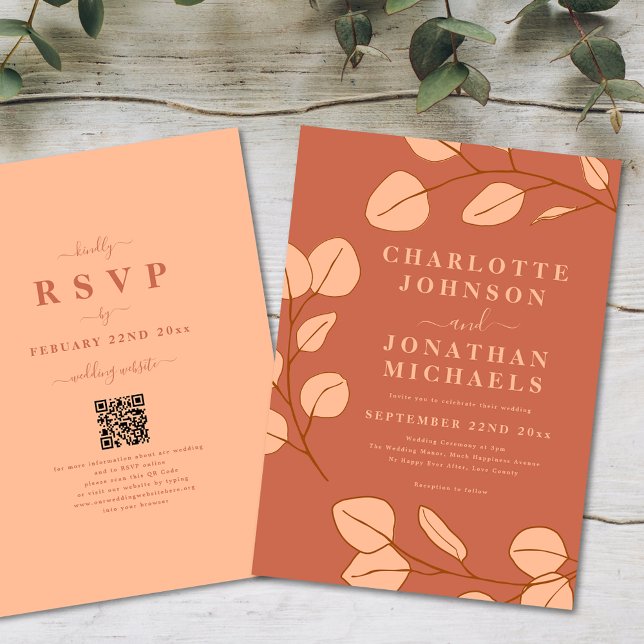 Minimalist Löv Terrakotta Höstbröllop Inbjudningar (Modern minimalist leaves peach fuzz wedding invitation with online rsvp qr code)
