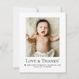Minimalist Love & Thanks Baby Photo Birth Stats Tack Kort