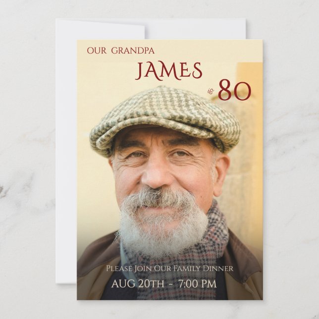 Minimalist Male Family Photo 80th Birthday  Inbjudningar (Framsida)