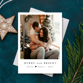 Minimalist Merry and Bright Newlywed Photo Julkort
