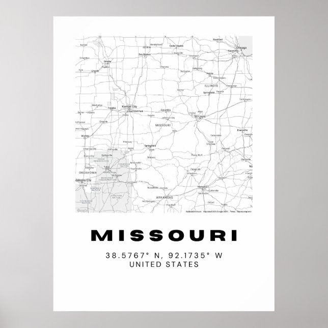 Minimalist Missouri Karta Art - Svarta och vita Poster (Framsidan)