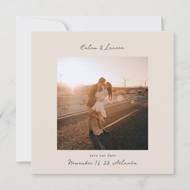 Minimalist Modern Boho Beige Square Photo Wedding Spara Datumet (Framsida)