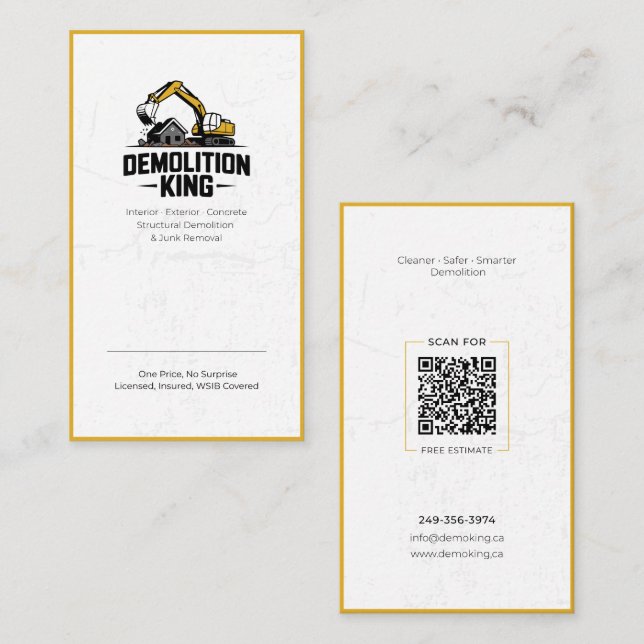 Minimalist Modern Demolition King Business Card Visitkort (Fram/baksida)