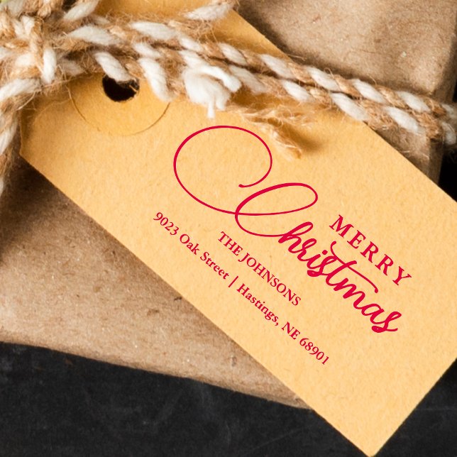 Minimalist Modern Merry Christmas Family Address Självfärgande Stämpel (Minimalist Modern Merry Christmas Family Address Self-Inking Stamp for your holiday correspondence.)